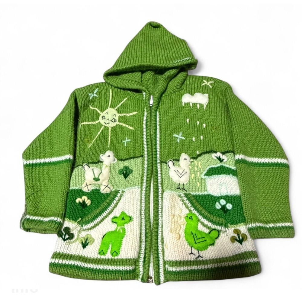 Kids Farm Animal Peruvian Knit Hoodie Jacket Green Chickens Lamb 3/4T